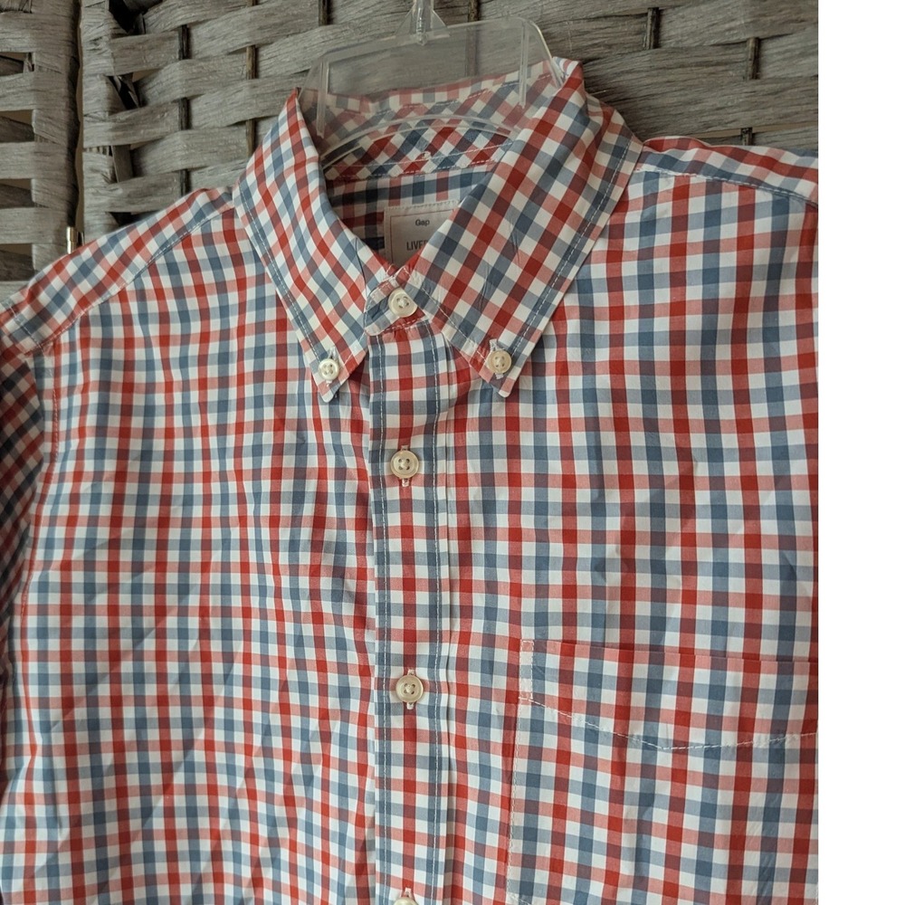 Gap‎ Lived-In Mens Medium Button Down Shirt Red White Blue Gingham Check Cotton